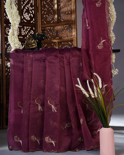 Linen saree with thread work motifs and scallop border - Wine