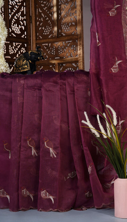Linen saree with thread work motifs and scallop border - Wine