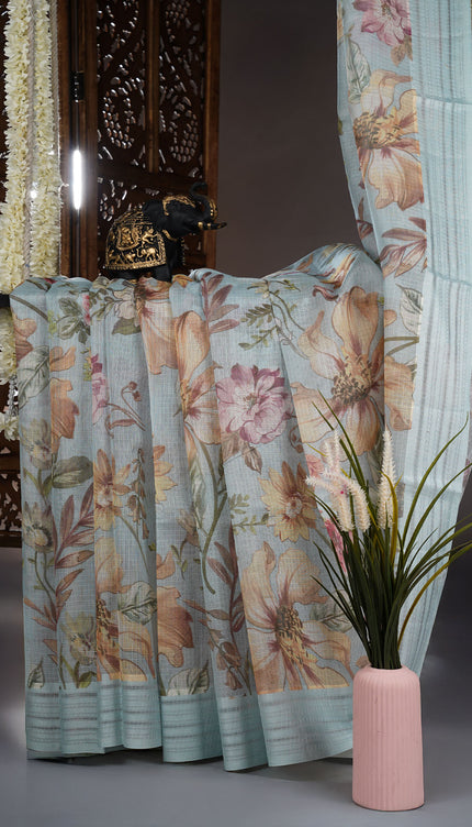 Kota cotton Saree with Floral Print - Sky Blue