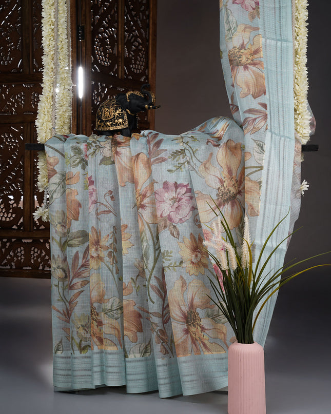Kota cotton Saree with Floral Print - Sky Blue