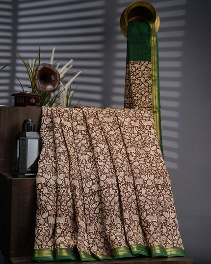 Muslin Silk Allover Digital Print with Contrast Border- Brown