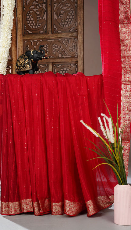 Chiffon saree with Parsi Gara work and kanchi border - Red
