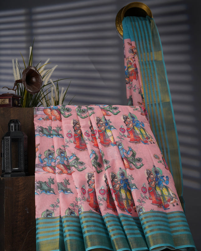 Muslin Silk With Kalamkari Print Contrast Border - L Pink