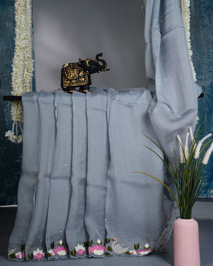 Russian Crepe Saree with Thread Work and Scallop border - Grey