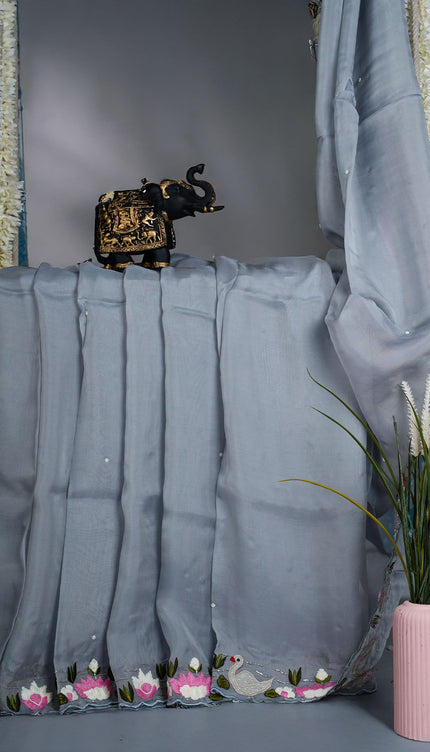 Russian Crepe Saree with Thread Work and Scallop border - Grey