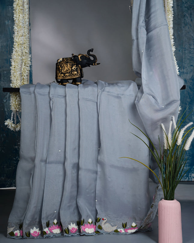 Russian Crepe Saree with Thread Work and Scallop border - Grey