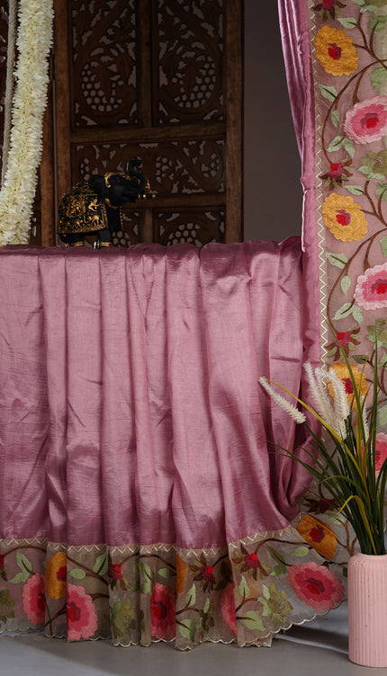 Kora Dupion Saree with Thread Work and Scallop Border - Onion Pink
