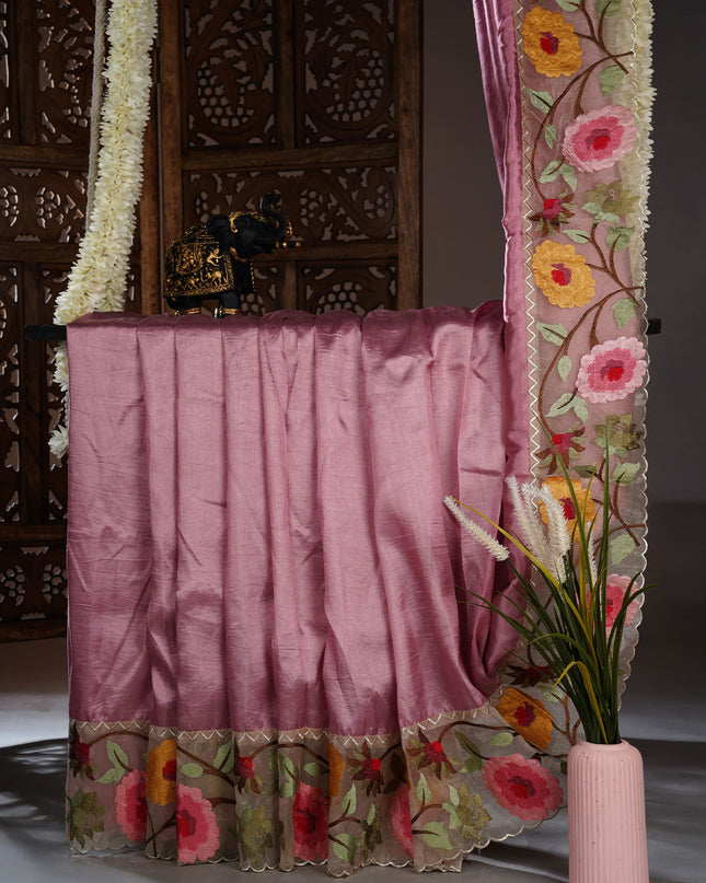 Kora Dupion Saree with Thread Work and Scallop Border - Onion Pink