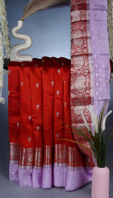 Chiniya Silk Saree with a contrasting lavender Border featuring intricate Gold & Silver Zari work - Red