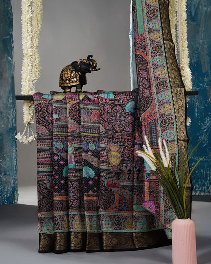 Korean Tussar Pashmina Kari Shal Featuring Intricate Mughal Style Pictorial Designs - Black