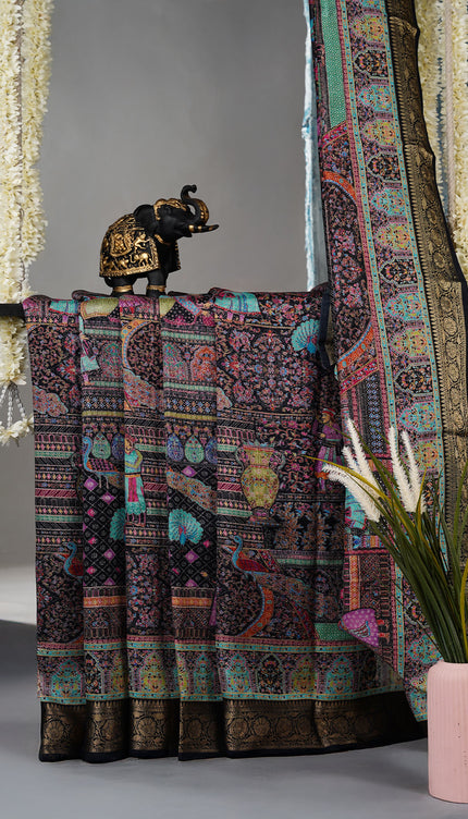 Korean Tussar Pashmina Kari Shal Featuring Intricate Mughal Style Pictorial Designs - Black