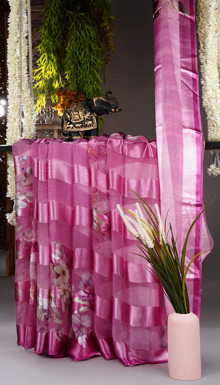 Satin Saree with Floral Print- Pink