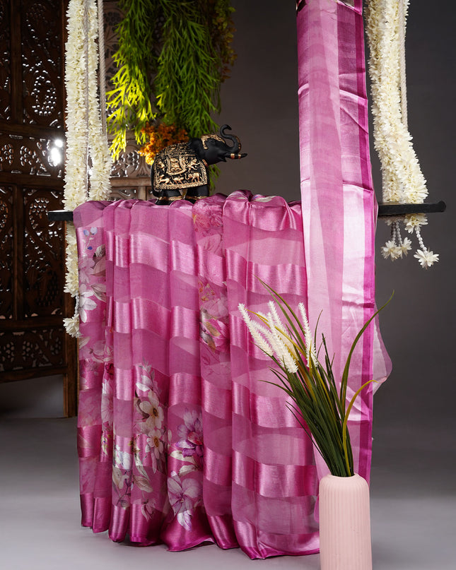 Satin Saree with Floral Print- Pink