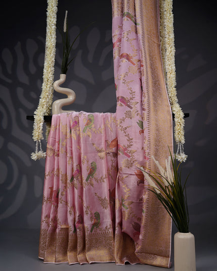 Banarasi Silk Saree with Meenakari Butties and Gold Border- Onion Pink