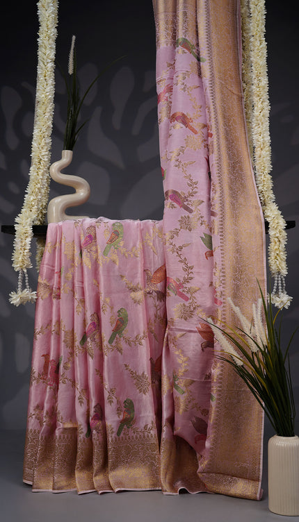 Banarasi Silk Saree with Meenakari Butties and Gold Border- Onion Pink