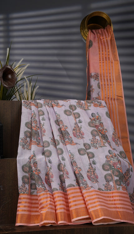 Muslin Silk With Kalamkari Print Contrast Border - L Grey