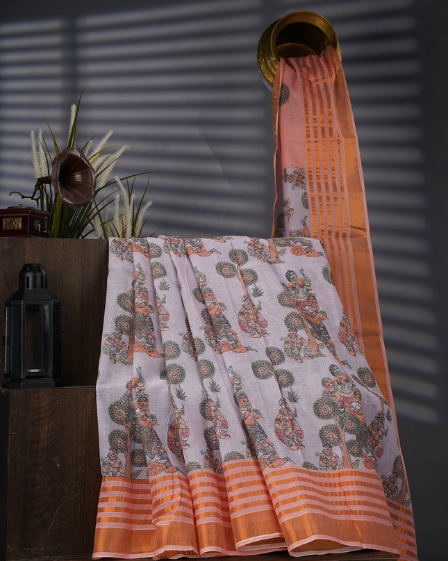 Muslin Silk With Kalamkari Print Contrast Border - L Grey