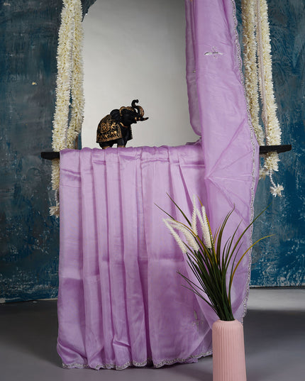 Russian silk saree with applique & Kardhana Work and scallop border - Lite Purple