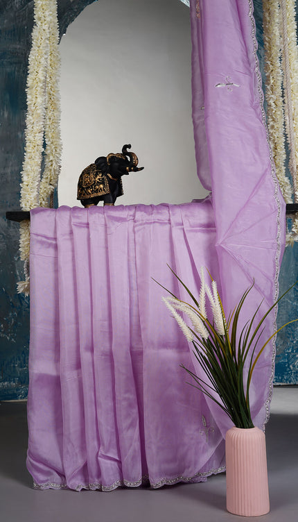 Russian silk saree with applique & Kardhana Work and scallop border - Lite Purple