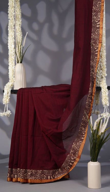 Handloom Cotton Saree with Thread Weaving Border- Maroon