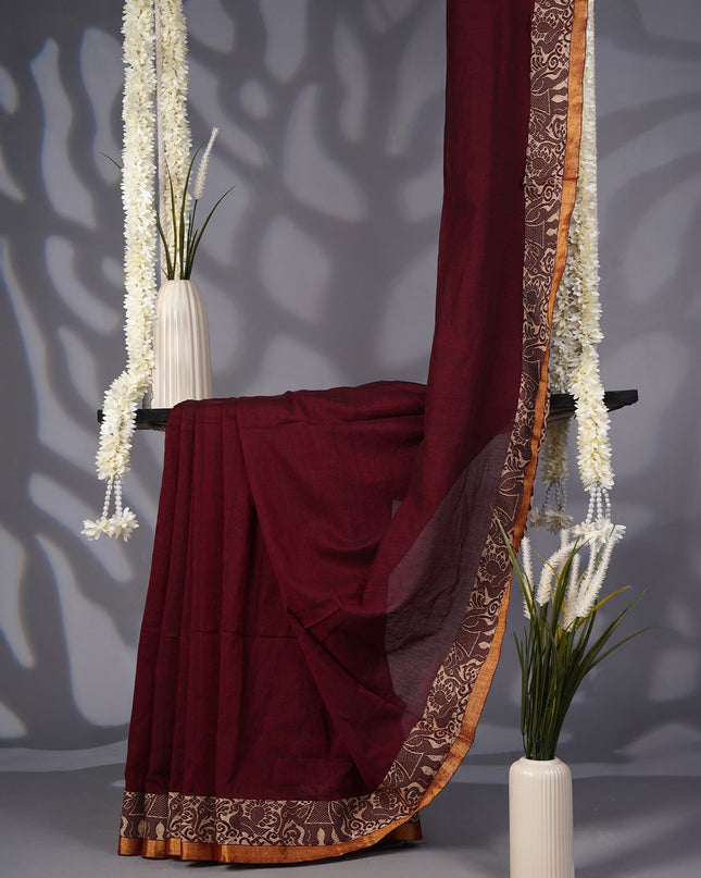 Handloom Cotton Saree with Thread Weaving Border- Maroon