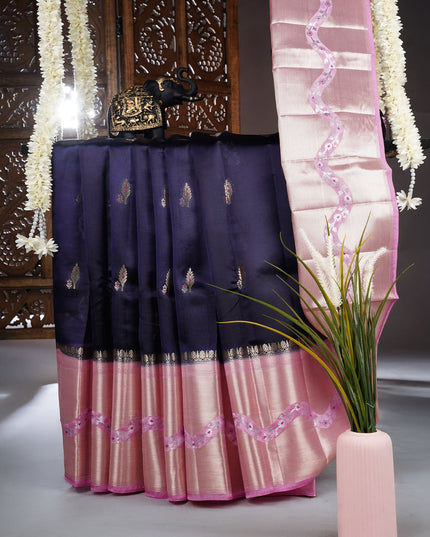 Chanderi Silk Saree With Golden Meenakari Butties Contrast Border - Blue