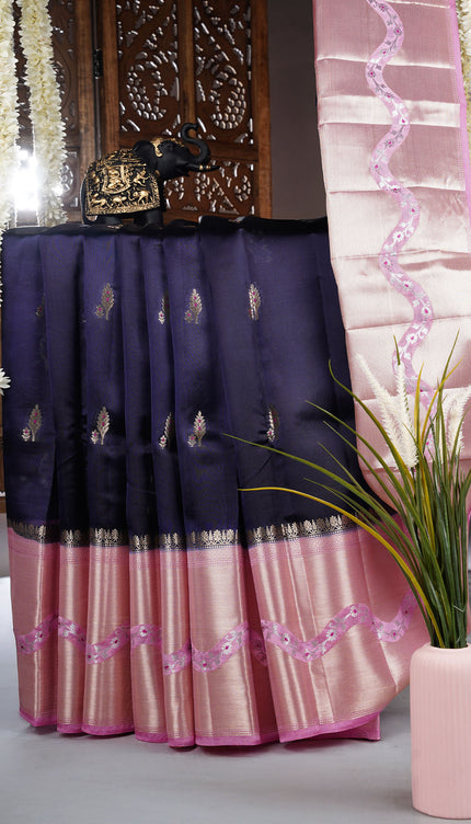 Chanderi Silk Saree With Golden Meenakari Butties Contrast Border - Blue