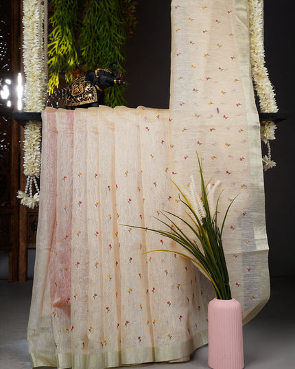 Linen Saree With Thread Work Butties and golden Border - Cream