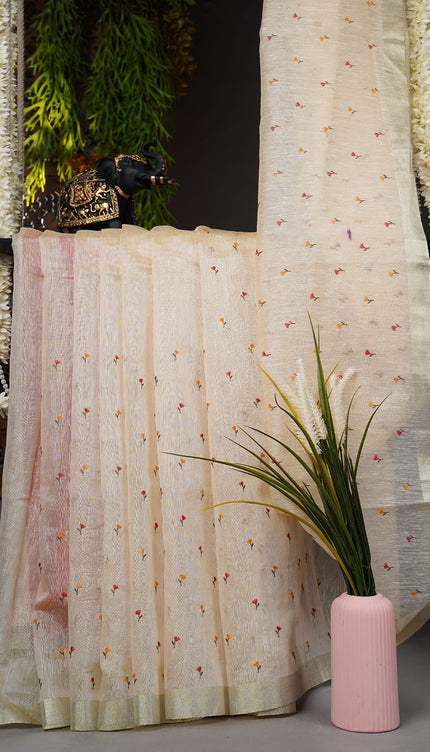 Linen Saree With Thread Work Butties and golden Border - Cream