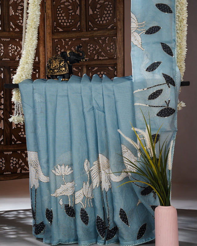 Kota saree digital print  with knot work and lace border - Blue
