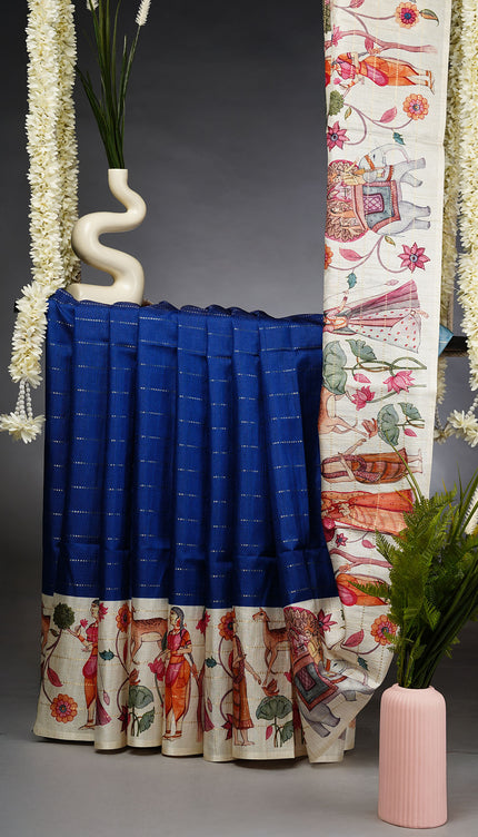 Tusser Silk Saree with Digital Print and Contrast Border- Blue