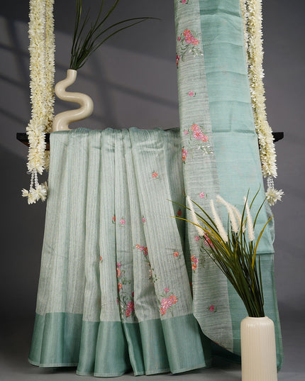 Jute Tusser Silk Saree with Thread Embroidery Work and Satin Border- Sage Green