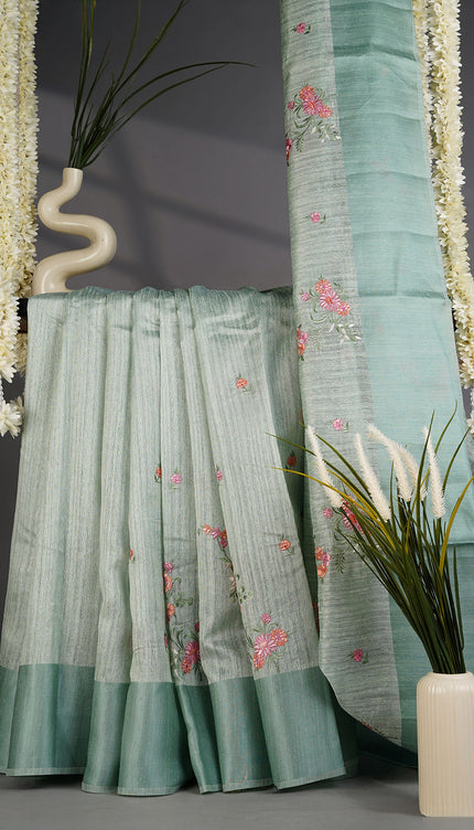 Jute Tusser Silk Saree with Thread Embroidery Work and Satin Border- Sage Green