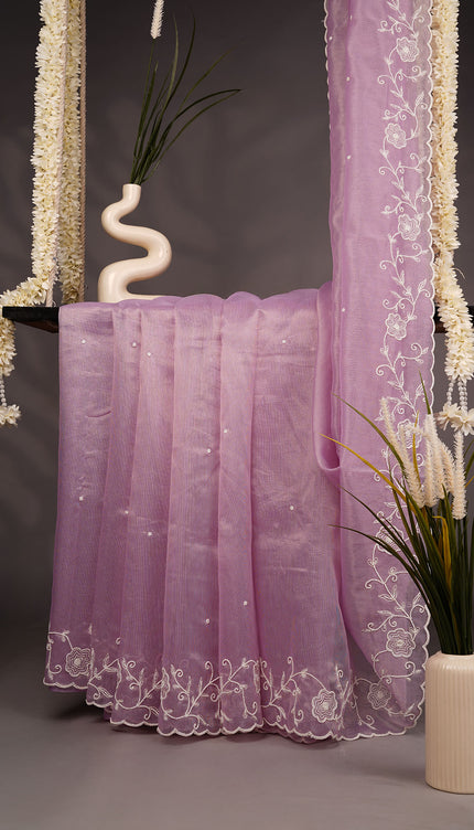 Organza Saree with Embroidery Butties and Border- Lavender