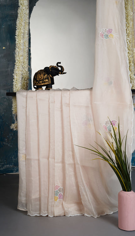 Tissue crape saree with Kardhana and Pearl Work butties and scallop border - Half White