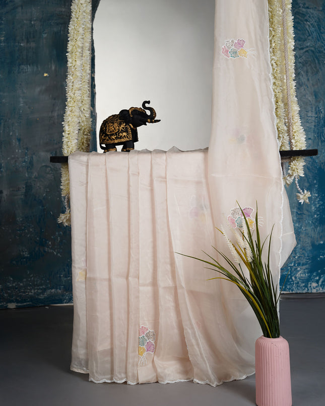 Tissue crape saree with Kardhana and Pearl Work butties and scallop border - Half White