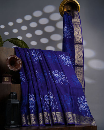 Binny Crepe Floral Print with Golden Zari Border- Royal Blue