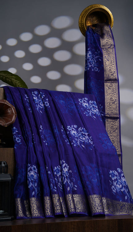 Binny Crepe Floral Print with Golden Zari Border- Royal Blue