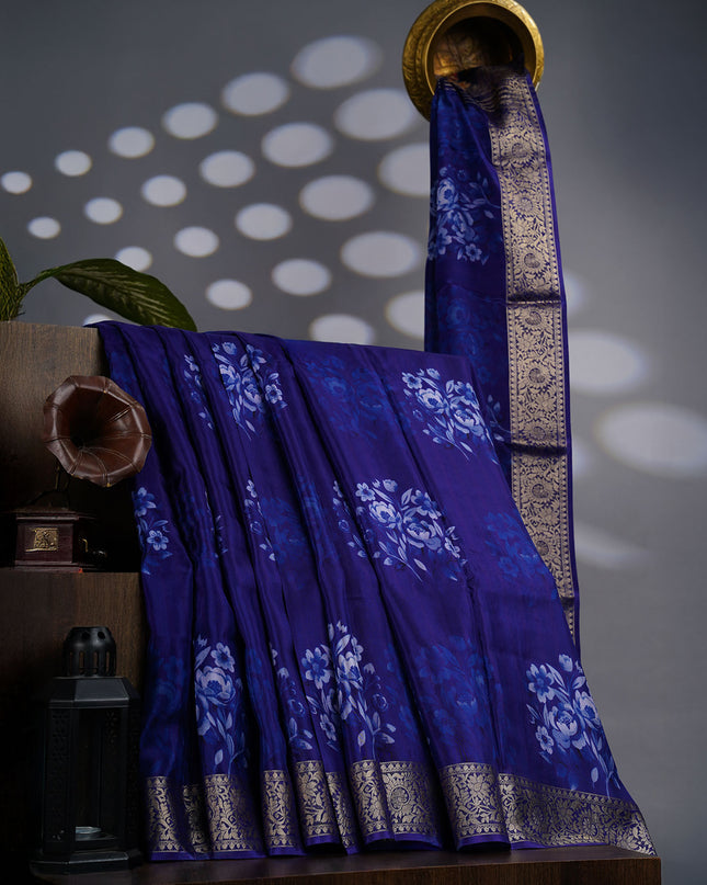 Binny Crepe Floral Print with Golden Zari Border- Royal Blue