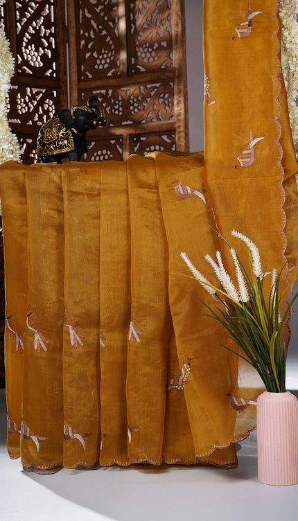 Linen saree with thread work motifs and scallop border - Mustered Yellow