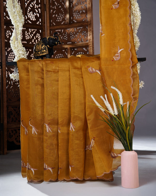 Linen saree with thread work motifs and scallop border - Mustered Yellow