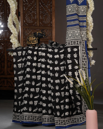 Mul cotton saree with Elephant print butties and contrast border - Black