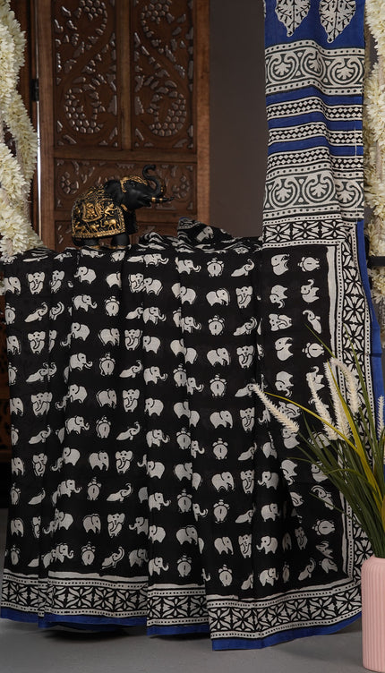 Mul cotton saree with Elephant print butties and contrast border - Black