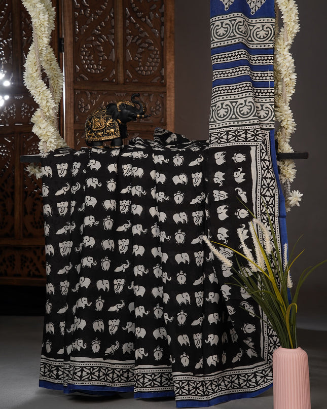 Mul cotton saree with Elephant print butties and contrast border - Black