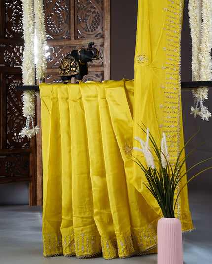 Italian Crape Saree with Khardana and  Pearl Work Border - Yellow