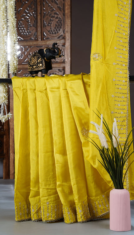 Italian Crape Saree with Khardana and  Pearl Work Border - Yellow