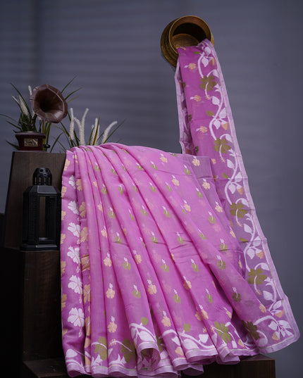 Lotus Cotton Saree With Floral Weaving Design - Onion Pink