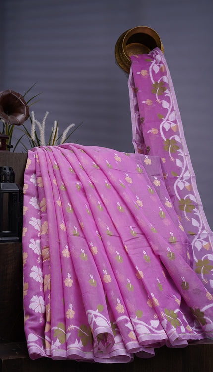 Lotus Cotton Saree With Floral Weaving Design - Onion Pink