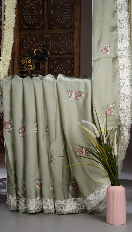Mashru satin saree with pichwai butties and Parsi Work lace border - Mashru satin