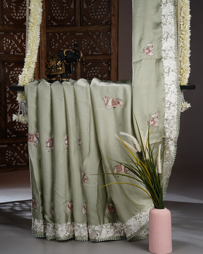 Mashru satin saree with pichwai butties and Parsi Work lace border - Mashru satin